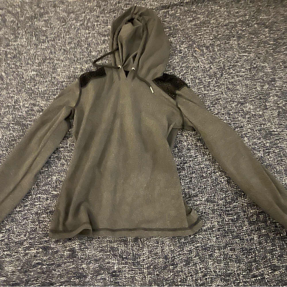 Gray Hooded Sweatshirt with Black Mesh Accents